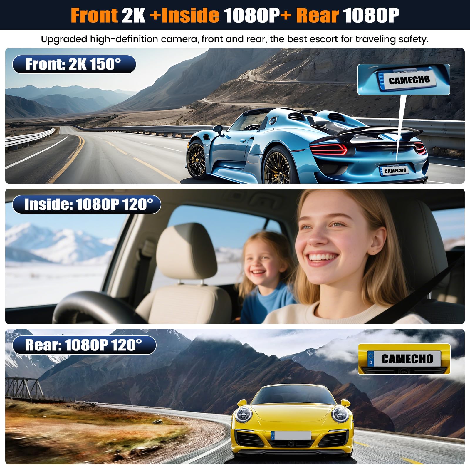 CAMECHO 9.66 Pollici 2K Mirror Dashcam Auto con 2 Telecamere 1080P, Anteriore 150° e Posteriore Dash Cam 120° con Linea inversa, Visione Notturna, Sensore G, Scheda da 64 GB WIFI APP