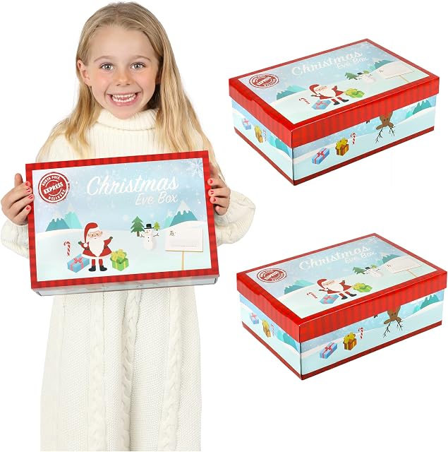 I LOVE FANCY DRESS LTD Christmas Eve Box - Pack of 3 - Festive Cardboard Present Box Featuring Santa, Presents, Snowmen And Reindeer - Holiday Season Present Gift Box