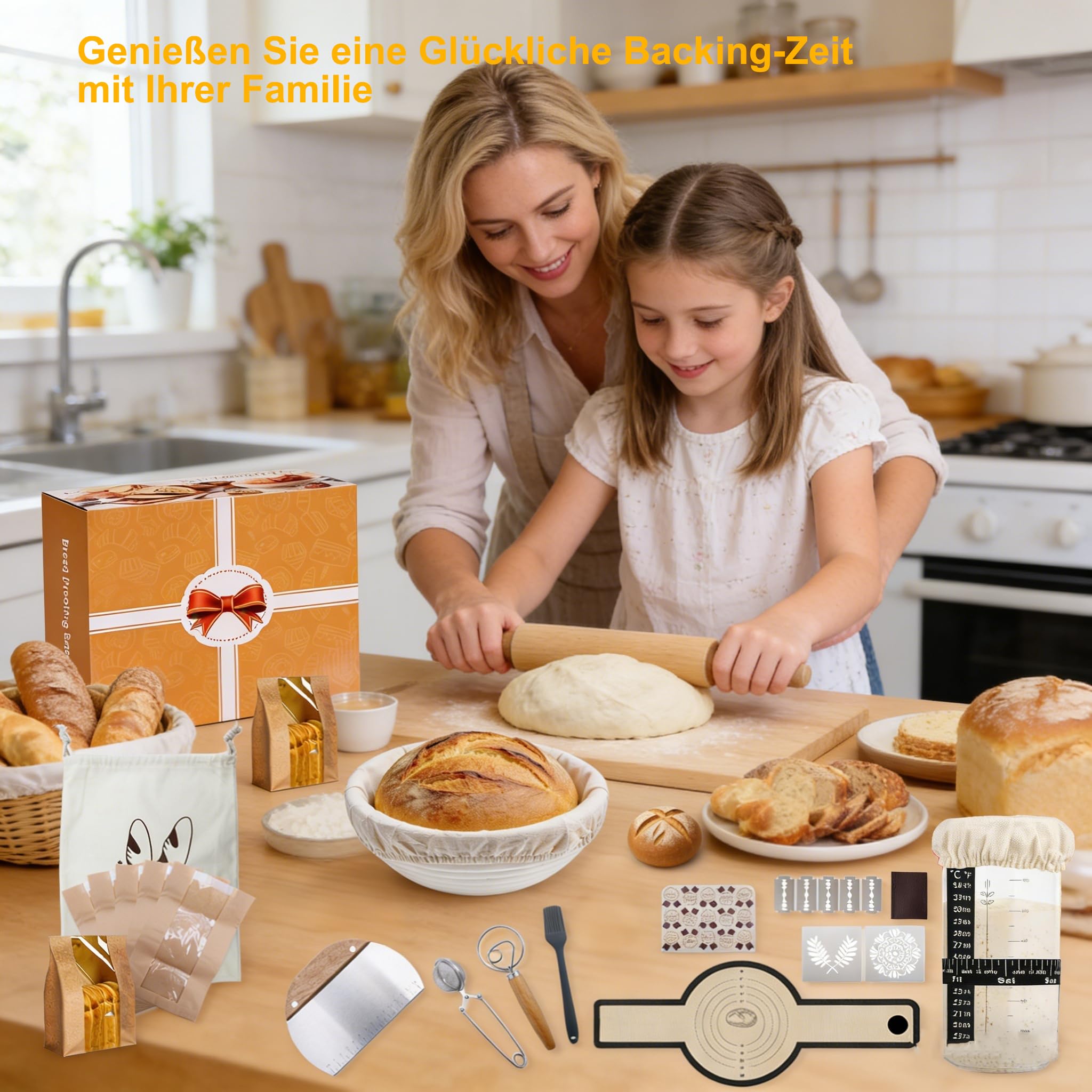 Cestino da Lievitazione per Pane, Set Lievitazione Pane 25cm Ovale & 23cm Rotondo, Kit Completo di Lievito Madre con Barattolo per Levito Madre, Accessori per la cottura del pane per Principianti