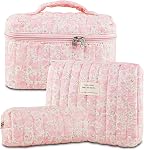 3Pcs Makeup Bag Cotton Quilted Travel Cosmetic Bag Cute Floral Makeup Pouch Large Toiletry Bag for Women Girls, Bow-Pink, Daily