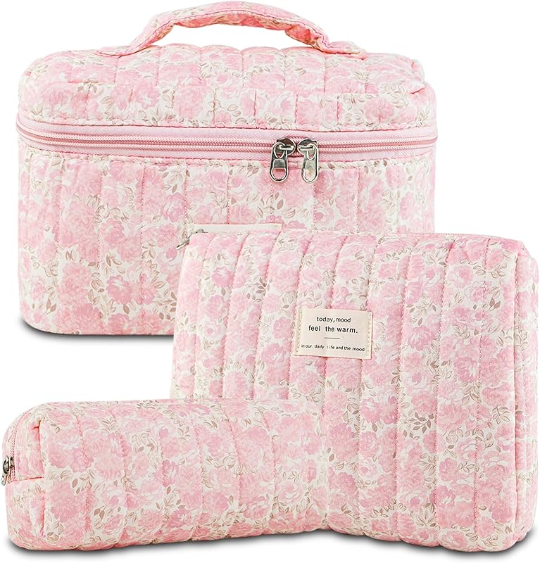 GISMTR Conjunto com 3 necessaires de maquiagem em nylon acolchoado, estampa floral Rose Pink Floral, CDHUIBAO021