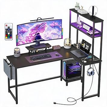 L-Shaped Gaming Desk with Power Outlet & LED Lights, Computer Desk