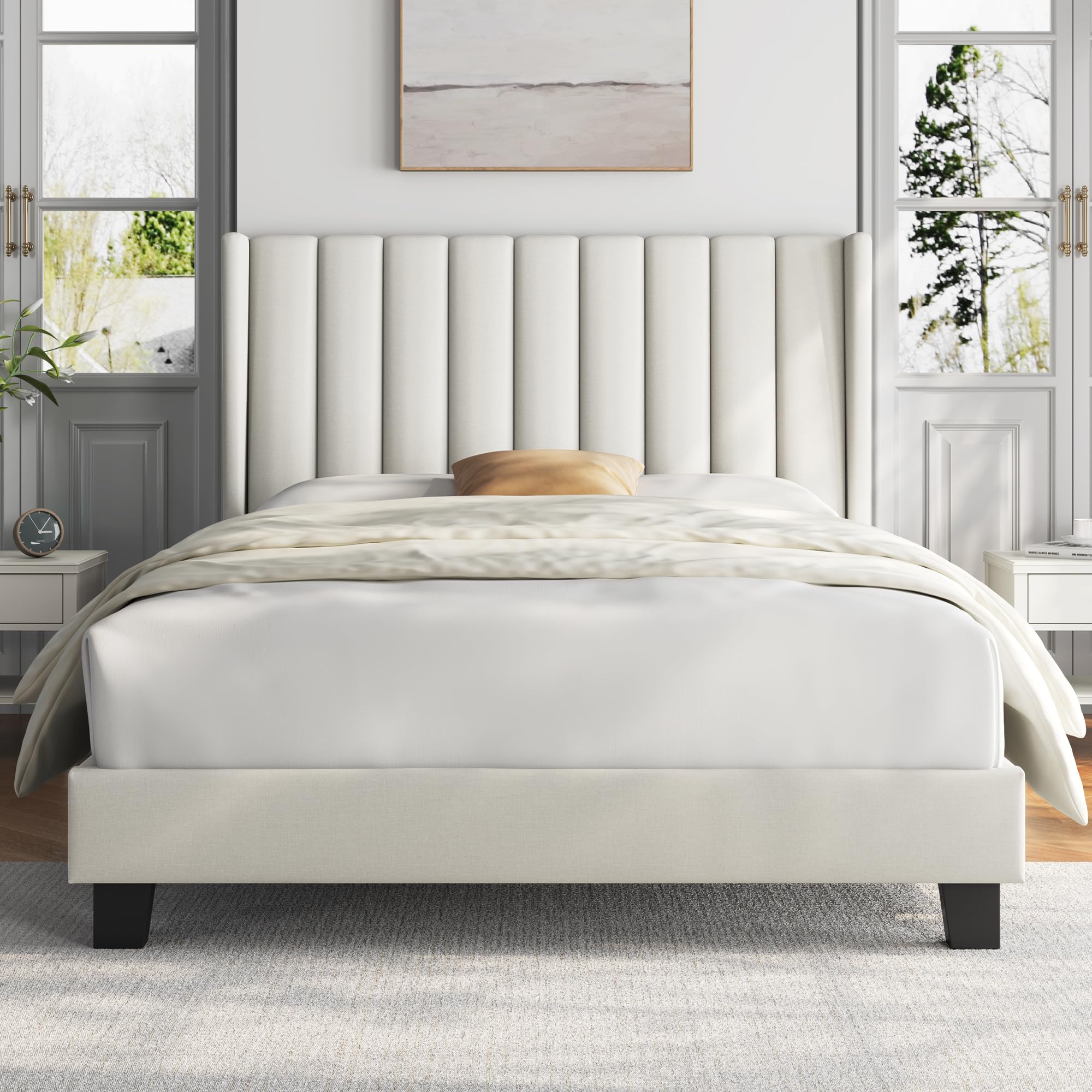 Yaheetech Cama Doble Tapizada 140 x 200cm con Somier de Lamas con Cabecero Rayado Moderno Estructura de Madera y Metal Marco de Cama para Adultos 2 Personas Beige