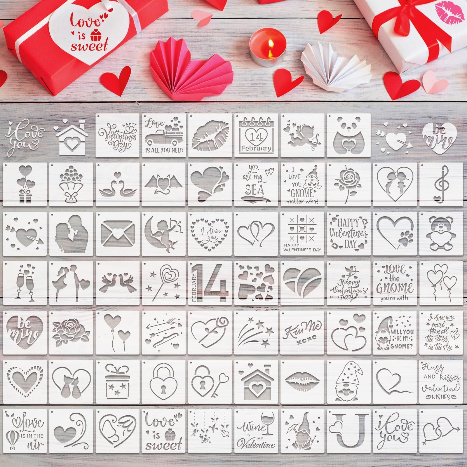 66 Pcs Valentine's Small Stencils for Crafts Reusable 3 Inch Stencils for Painting on Wood DIY Craft Paint Template for Wall Home Decor Card Rock Canvas Drawing Holiday (Valentine)