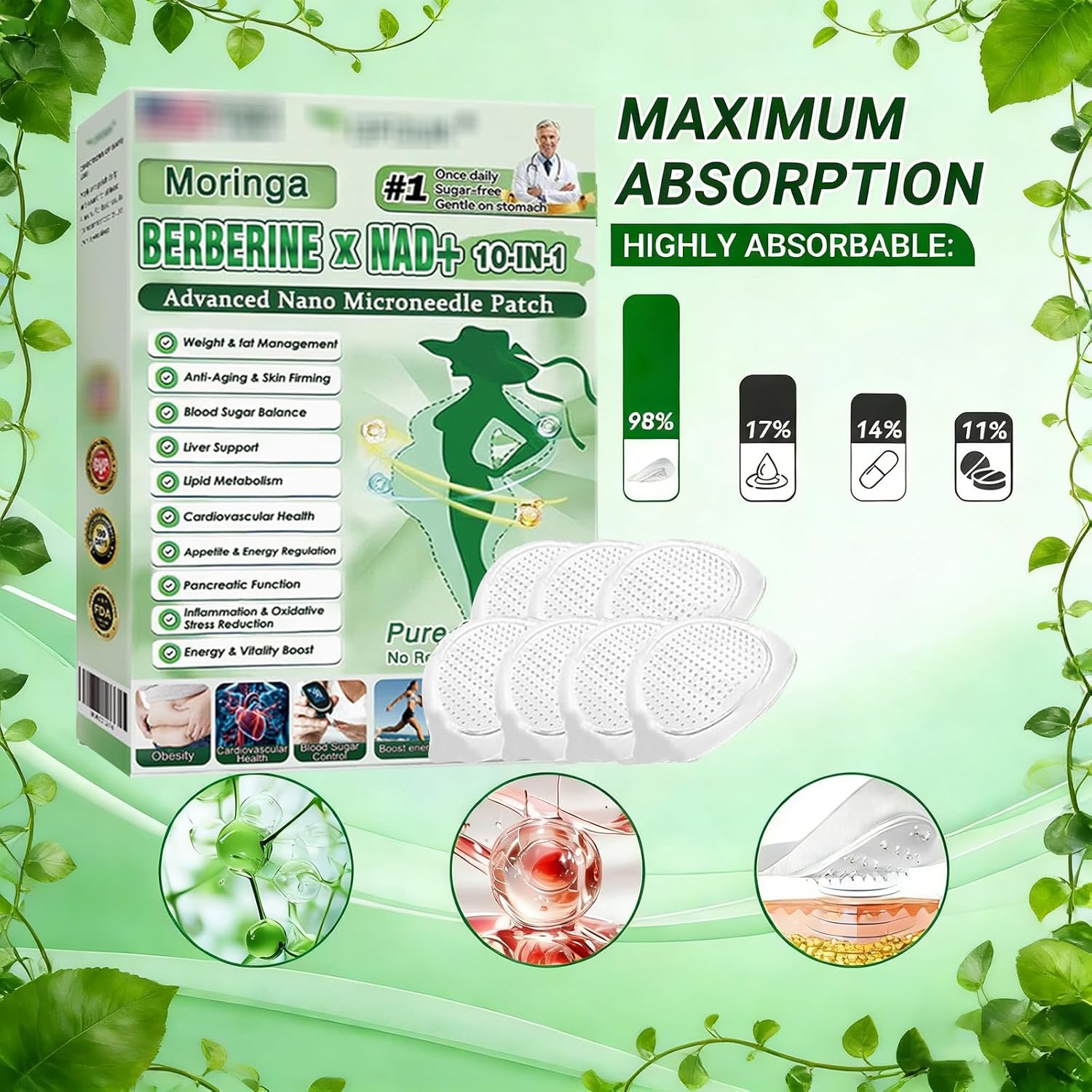 4 Boxes Moringa Berberine Patches,2026 New Upgraded 10-in-1 Microdarts Nano Patch,Suitable for All Skin Types moringa patches,Natural Herbal Body Patch (4boxes)