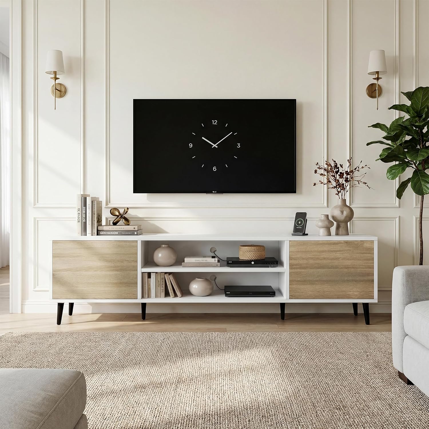 YESHOMY Mid-Century Modern TV Stand for 65-70 Inch TVs, 63 Inch Entertainment Center with Storage, Media Console with Push-to-Open Doors and Cable Management for Living Room, Bedroom(White and Beige)