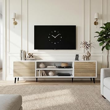 YESHOMY Mid-Century Modern TV Stand for 65-70 Inch TVs, 63 Inch Entertainment Center with Storage, Media Console with Push-to-Open Doors and Cable Management for Living Room, BedroomWhite and Beige
