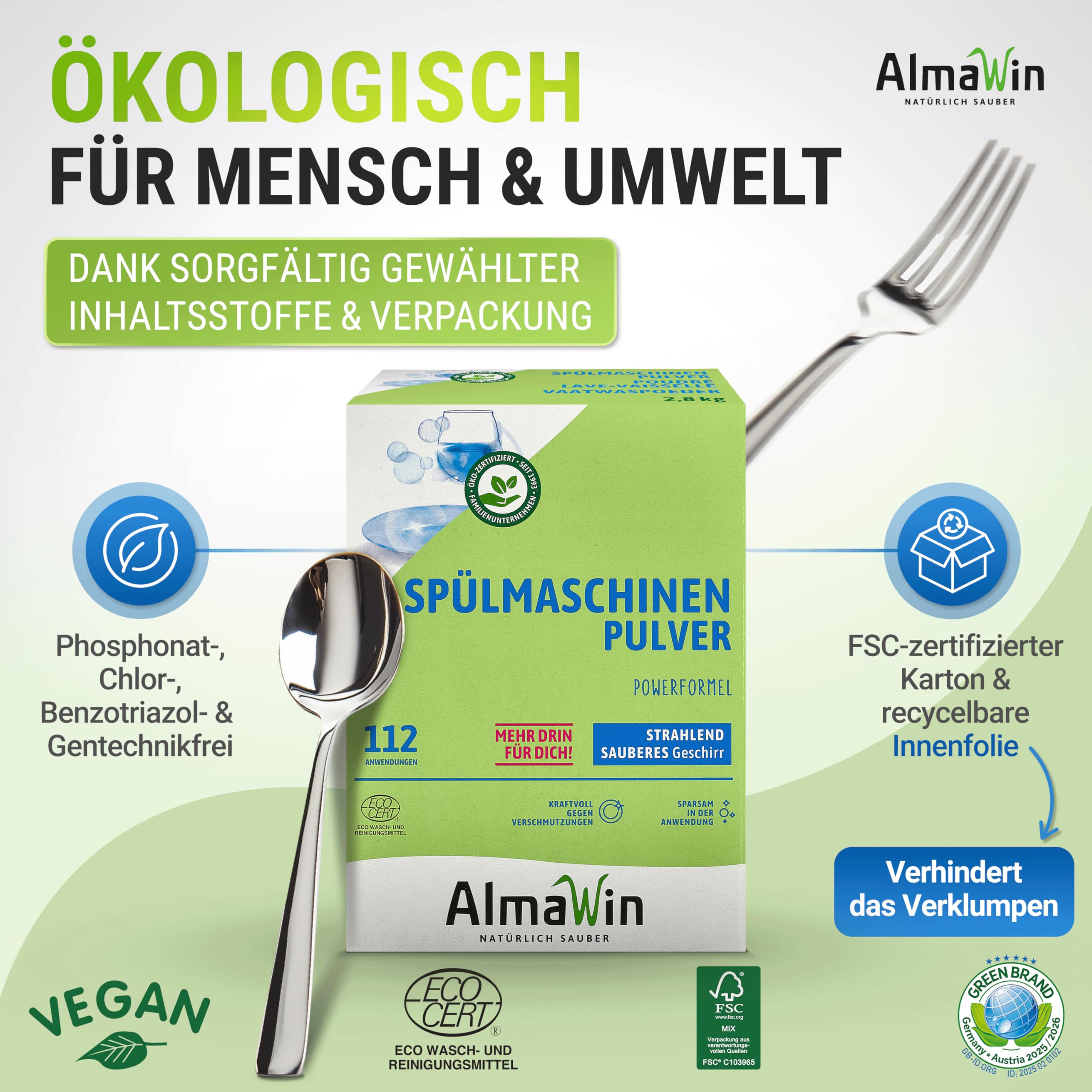 AlmaWin® Spülmaschinen Pulver mit Powerformel für strahlend sauberes Geschirr [4x 2,8kg - 448 Anwendungen] - Kraftvolles Geschirrspülmittel Pulver - Ohne Phosphate, Öko & VEGAN, Dishwasher Powder