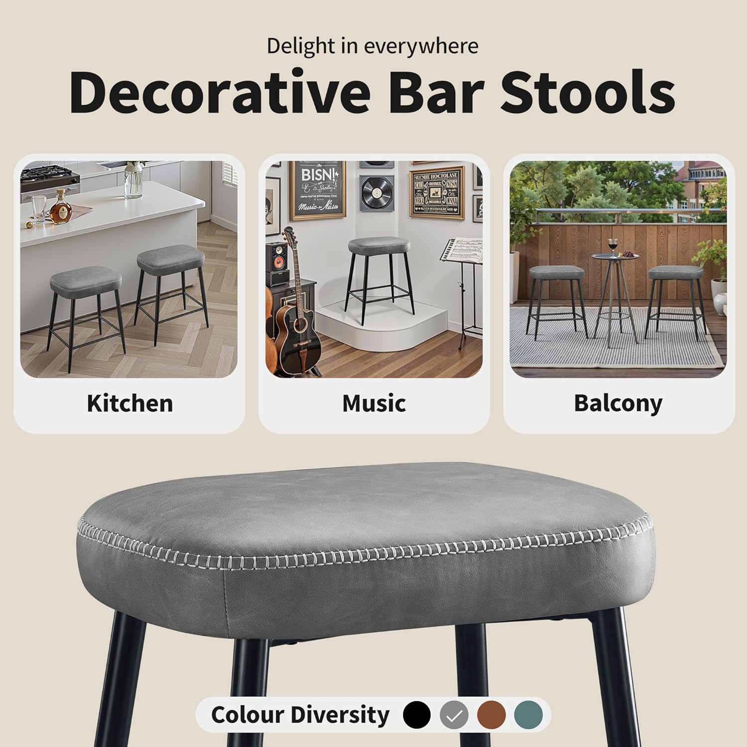 STOOLINK Bar Stools Set of 2, Counter Height Bar Stools for Kitchen Island, 24 Inch Kitchen Bar Stools for Kitchen Counter, Modern Leather Bar Chairs with Footrest and Metal Base, Gray