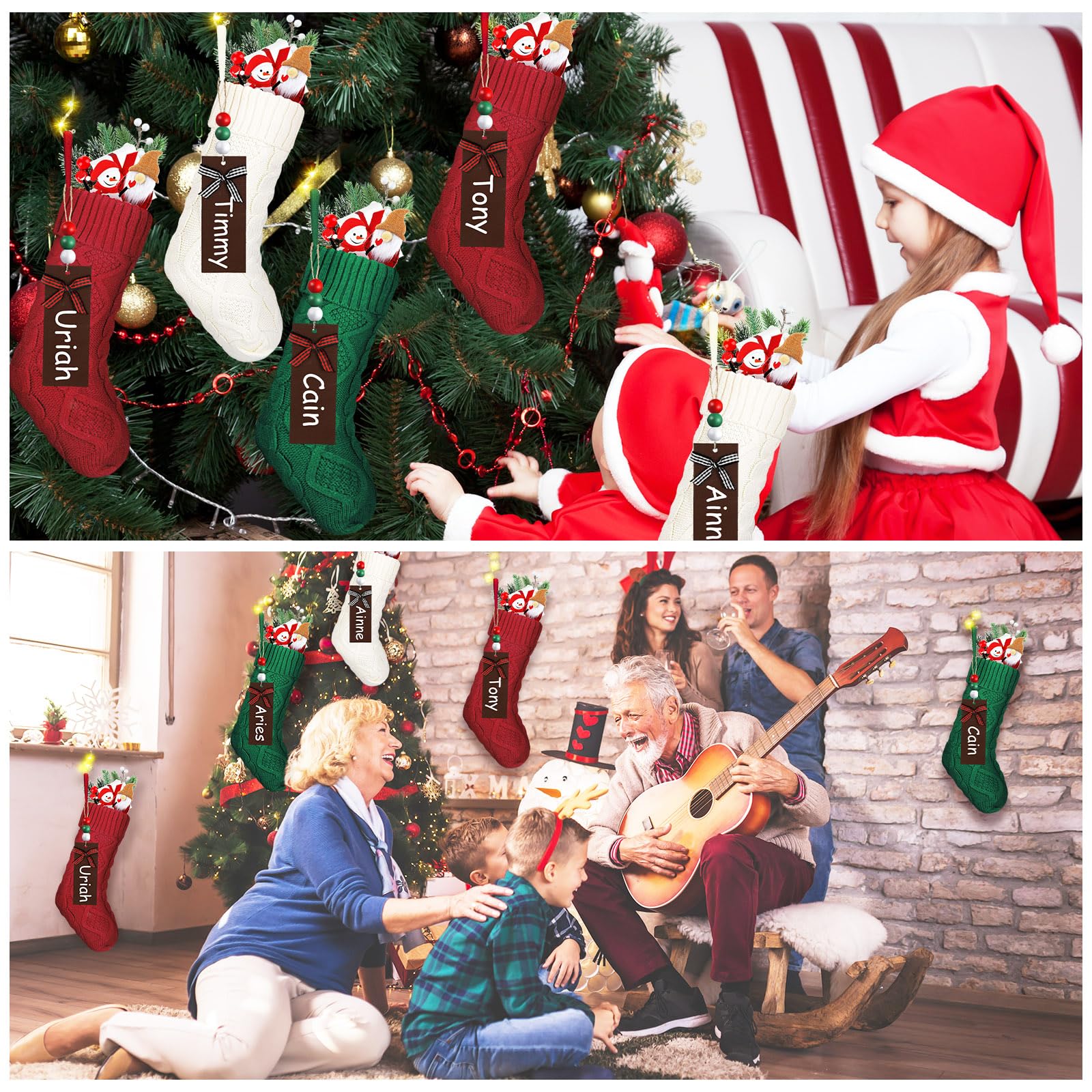 Sosation Lot de 18 chaussettes de Noël lumineuses de 45,7 cm avec étiquettes nominatives et support de chaussette de Noël pour cheminée et cheminée - Cadeaux de Noël à suspendre avec guirlande