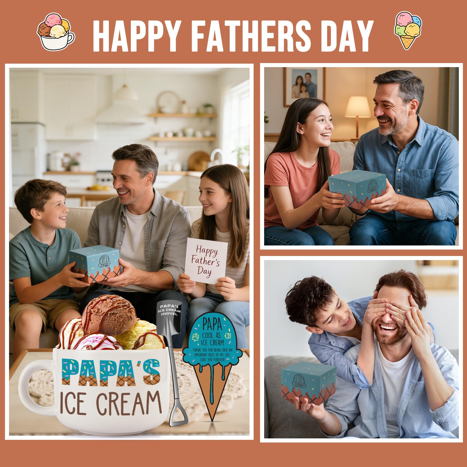 YEUYUQIU Fathers Day Papa Gifts for Grandpa - Ideal Father's Day Birthday Gifts for Papa from Granddaughter Grandson, Christmas Fathers Day Present for Grandfather - Papa's Ice Cream Bowl Shovel Set