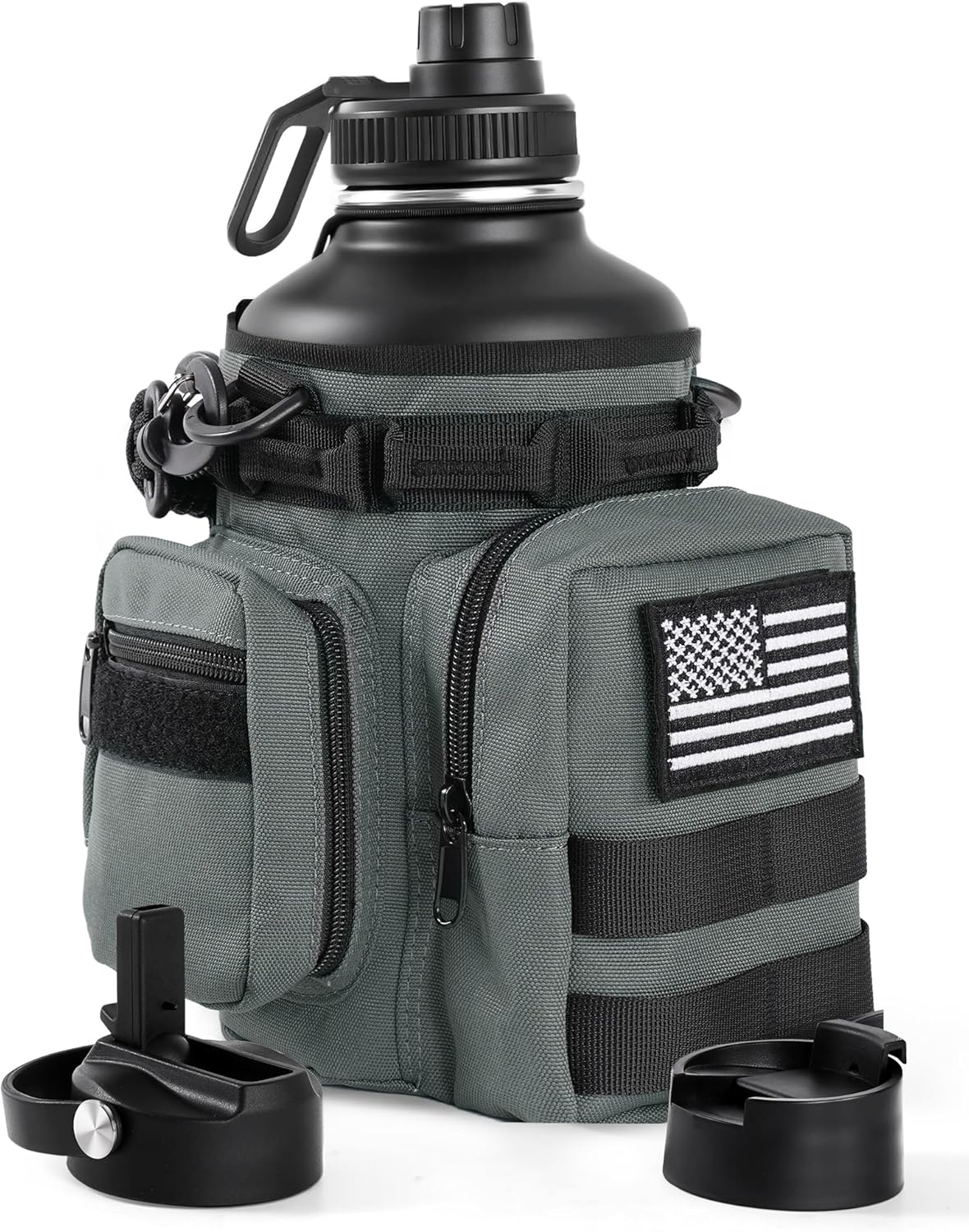 Tactical Half Gallon Water Bottle with Straw, 64 oz Insulated Water Jug with Molle Sleeve, Stainless Steel Sport Battle Bottle with 3 BPA Free Lids for Gym Workout Hiking (Gray)