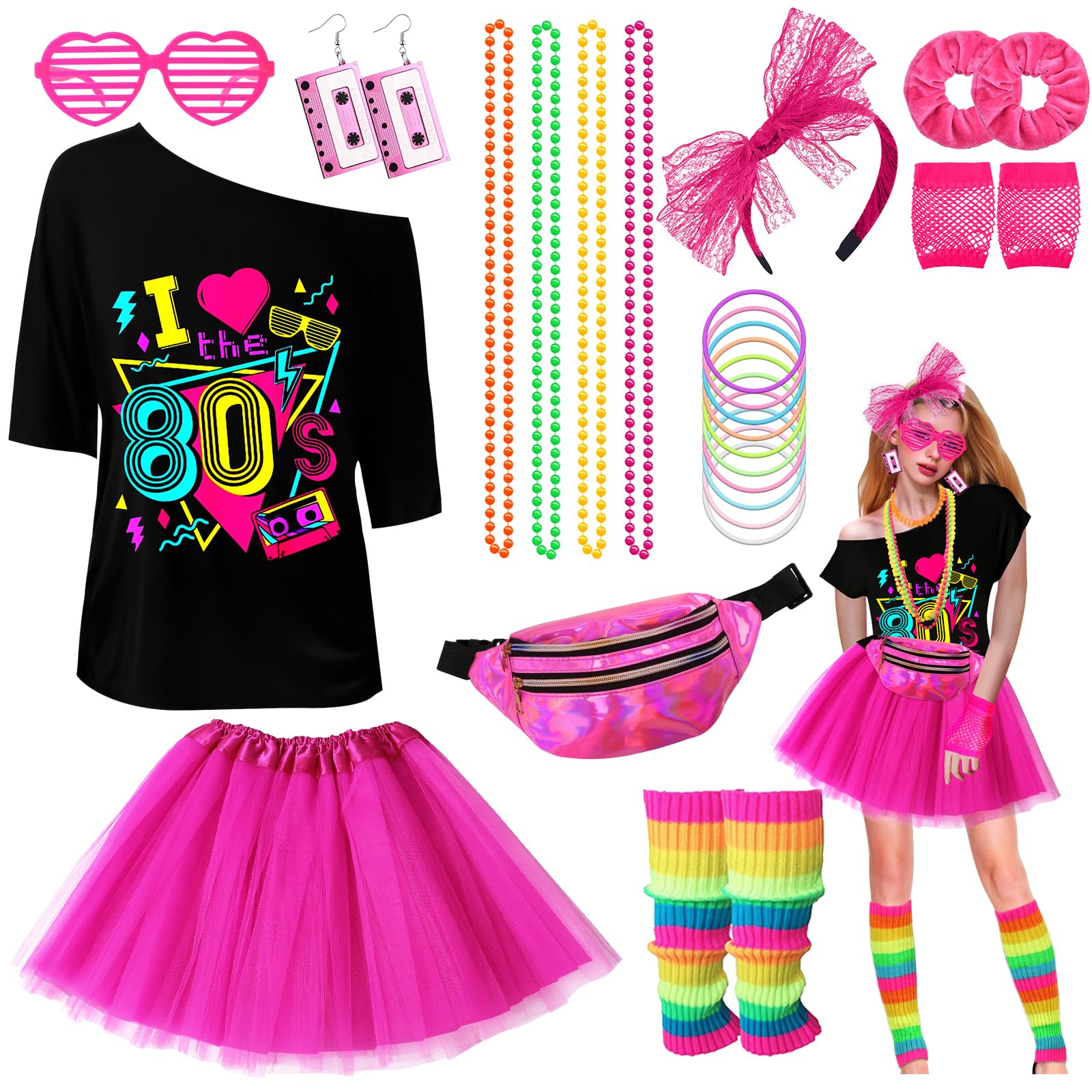11Pcs 80s Fancy Dress & Accessories for Women, T-Shirt, Leg Warmers, Tutu Skirt, Waist Bag, Retro Glasses, Headband, Fishnet Gloves, Bracelets, Hair Ties, Necklaces for Theme Party Dress Up L