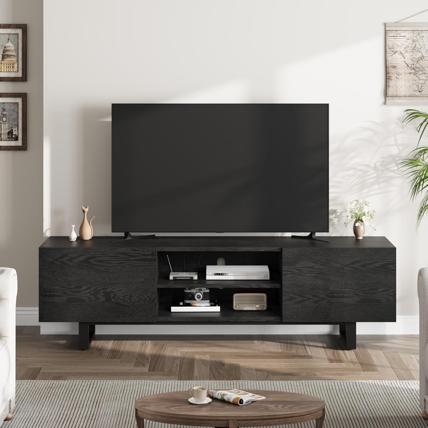 70" TV Stand for 65/75/80 Inch TV,Modern Entertainment Center with2 Drawers & Open Shelves,Wooden Media Console Cabinet with Metal Legs for Living Room Bedroom,Black