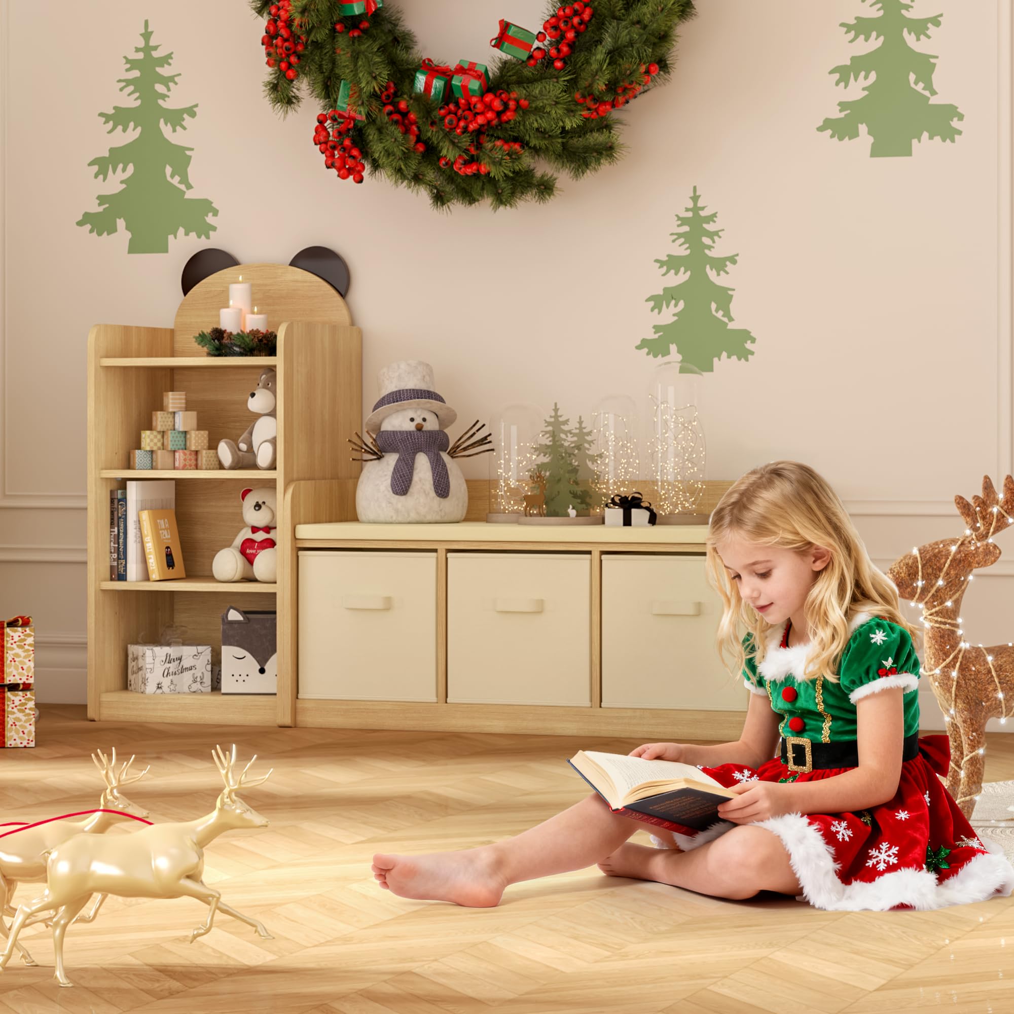 Reading Nook for Kids Bookshelf Bench and Toy Storage with Adjustable Shelves and Seat Cushion Toddler Book Shelf for Bed Room,Nursery Kids Reading Nook