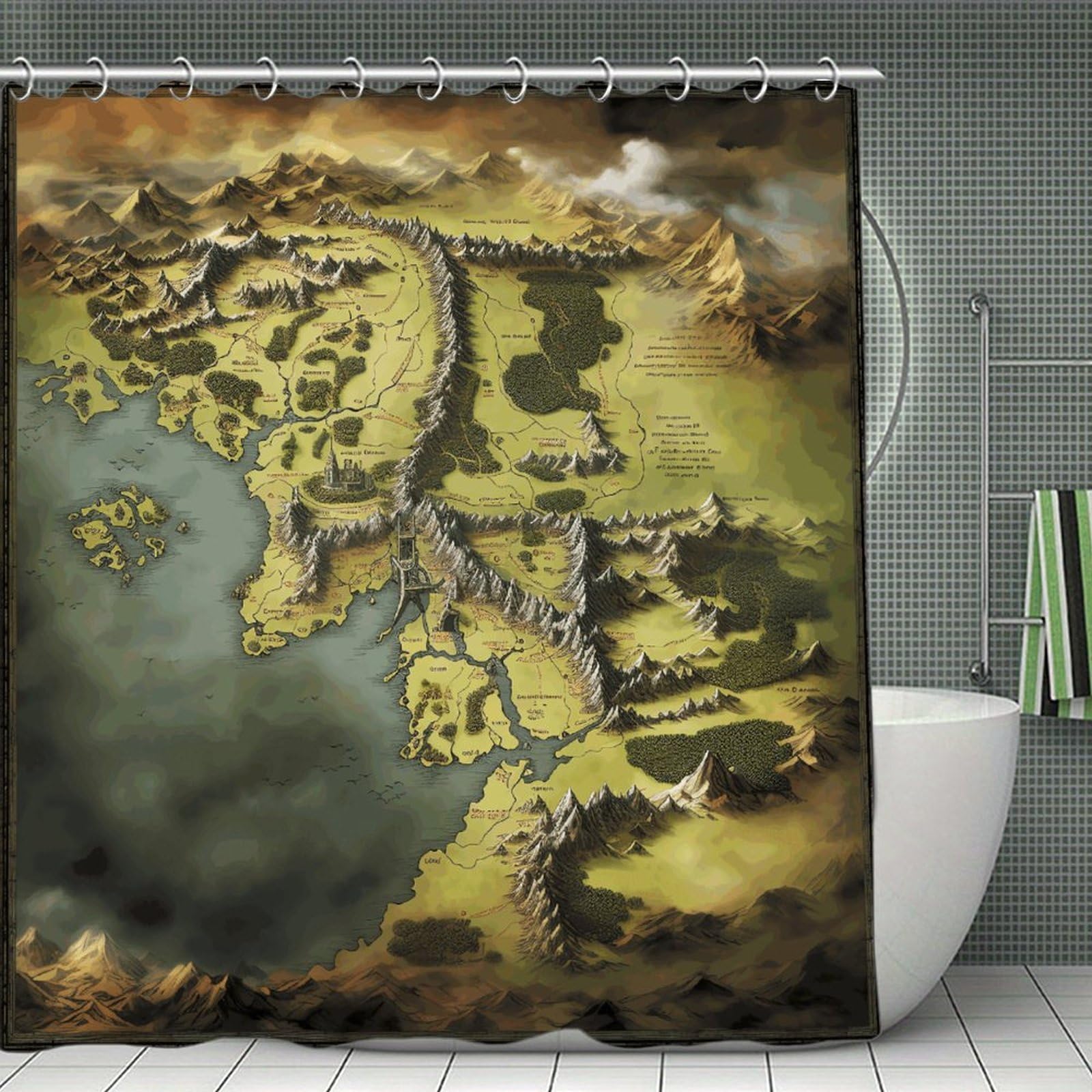 VstaDank Middle Earth Map Shower Curtain Light-Weight Blackout Bathroom Curtain Washable Shower Liner 71x71 Inch Bath Curtain with Metal Holes Bathtub Bath Room