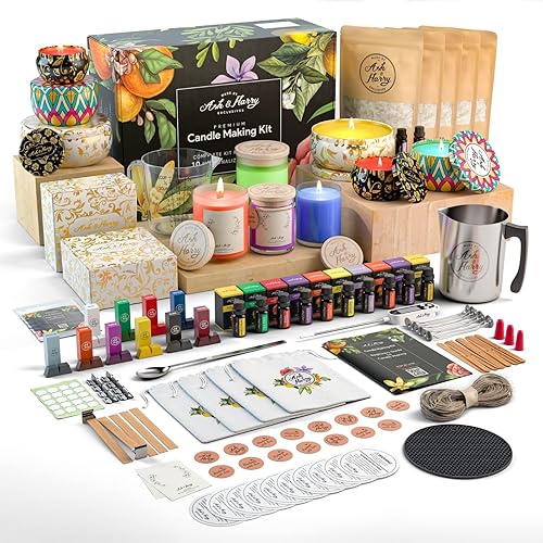 ASH & HARRY Kit de fabricación de velas de soja prémium para adultos, juego de regalo completo con 10 latas y tarros de alta calidad, suministros de