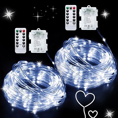 JMEXSUSS Paquete de 2 luces de cuerda a pilas para exteriores, impermeables, cada una de 33 pies, 100 luces LED blancas de Navidad con control