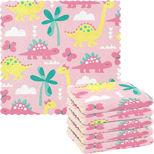 FRODOTGV Pink Dinosaur Kawaii Quality Decor Towels for Drying Dishes Fast Drying Set of 6 Microfiber Drying Towel Kitchen for Bathroom Oven