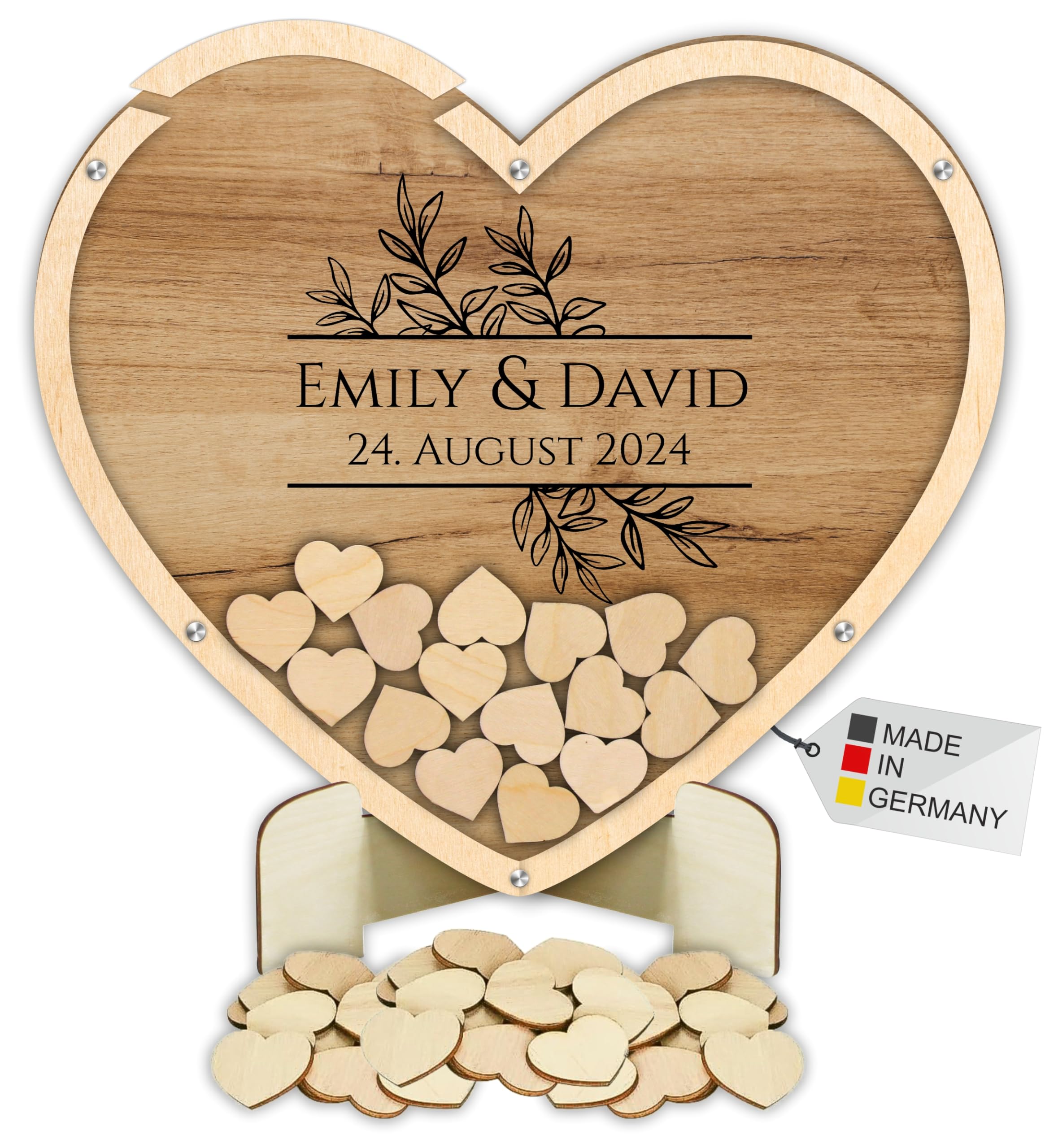 Manschin-Laserdesign Gästebuch Drop in aus Holz und Acrylglas zur Hochzeit, personalisiert, Wunschgravur, Wunschfarbe inkl. Herzen (Holz)