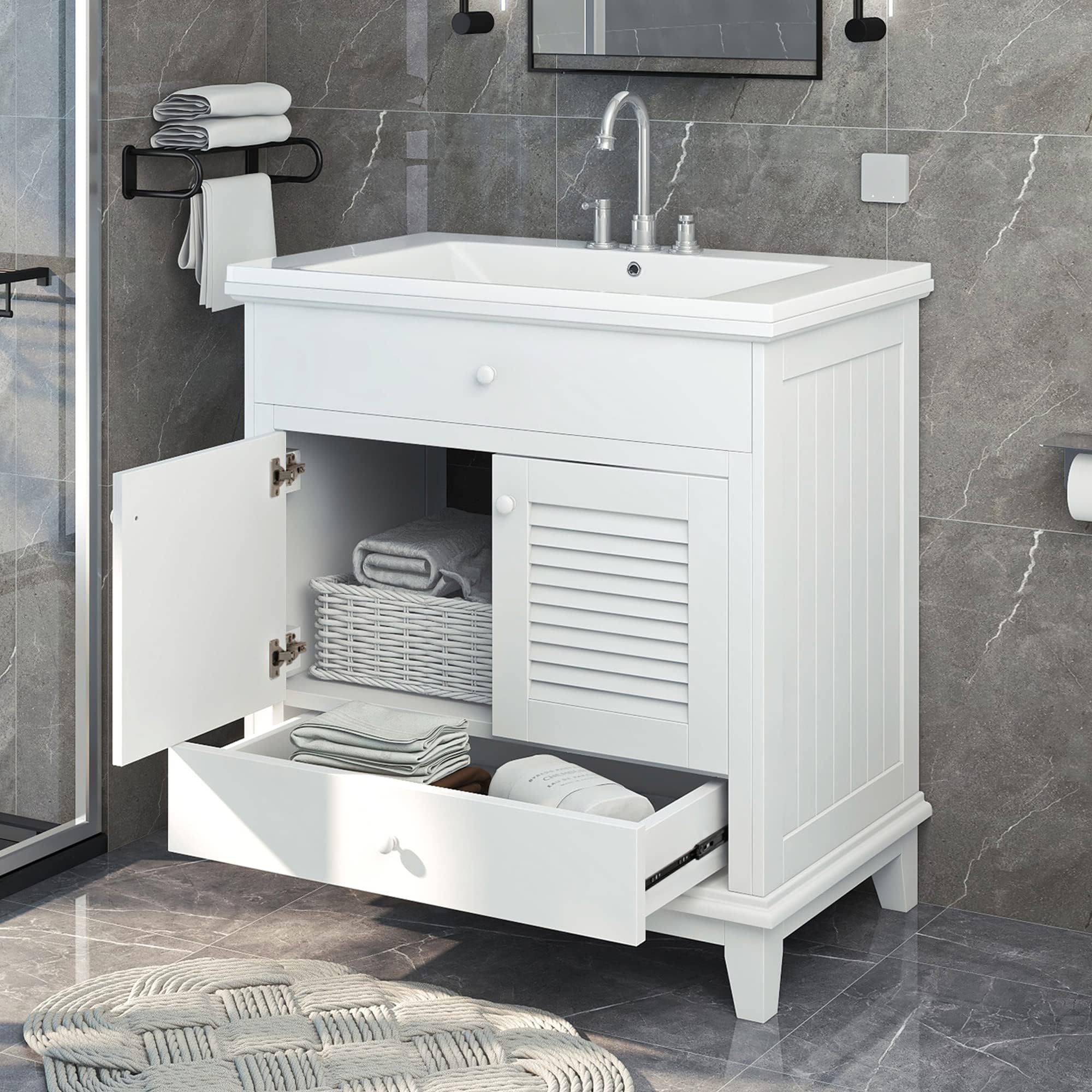 Merax30" Bathroom Vanity with Ceramic Basin,Bathroom Storage Cabinet with Two Doors and One Drawer, Solid Frame, White