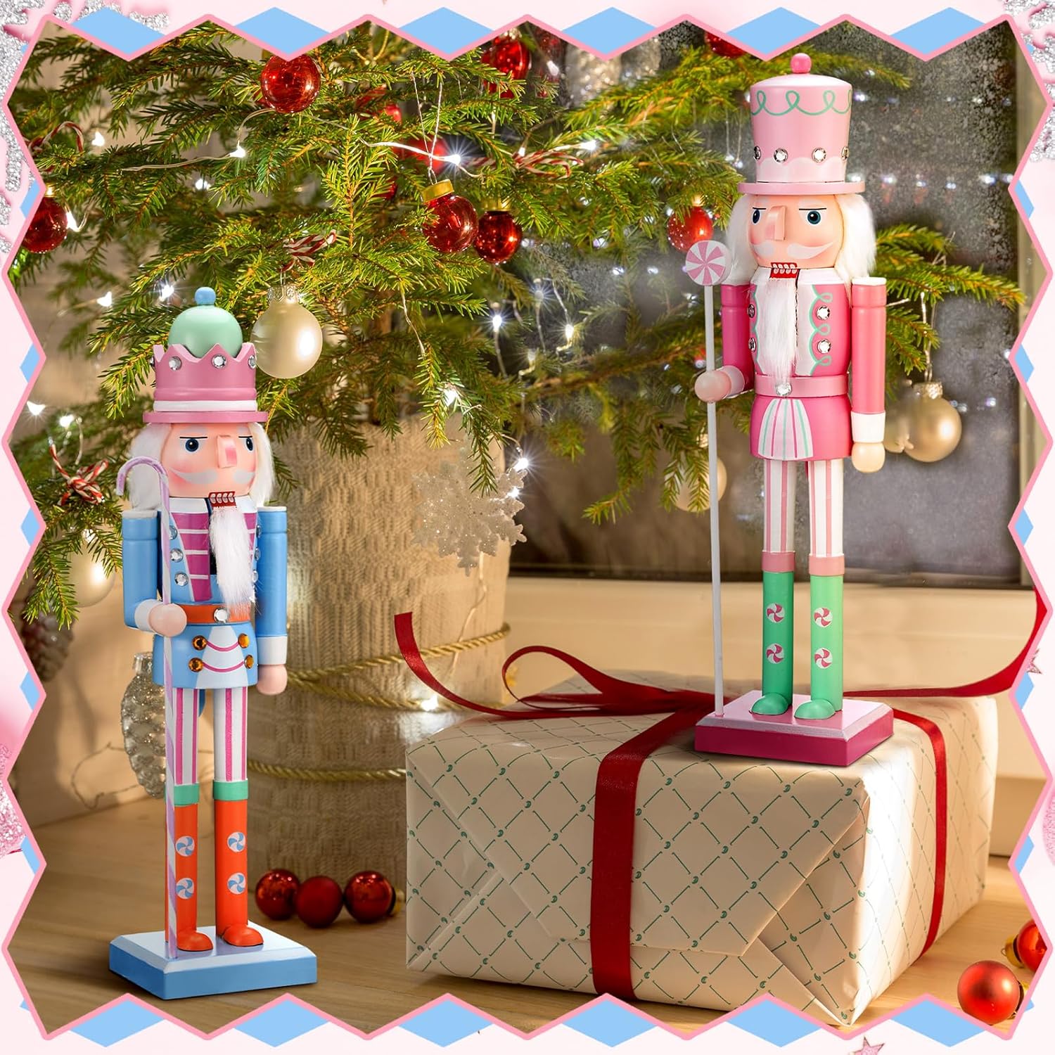 Soaoo 2 Pcs Pastel Nutcracker Christmas Nutcracker Ornament 15''Wooden Pastel Candy Soldier Figures Traditional Nutcrackers Christmas Decor for Desktop Table Collectible Decoration