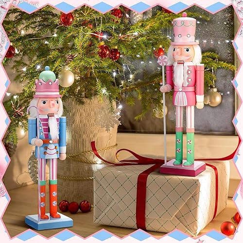 Miniatura 5 de Soaoo 2 piezas de adornos de cascanueces de Navidad pastel de 15 pulgadas, figuras de soldado de caramelo pastel de madera, cascanueces