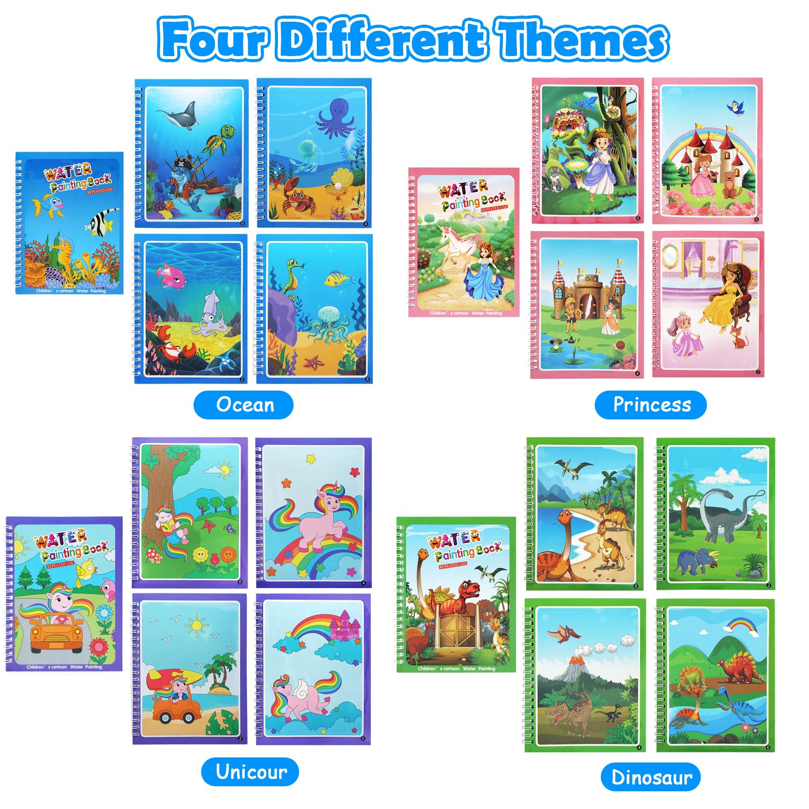 BelleStyle Magic Water Colouring Books, 4 Pieces Mess Free Water Painting Books for Children with 4 Water Pens - Image 4