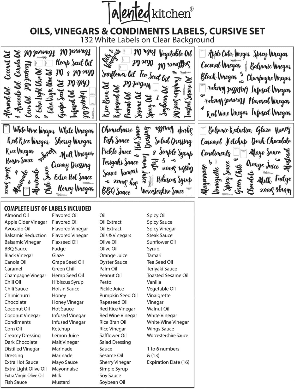 Talented Kitchen 132 White Cursive Font Oil and Vinegar Labels for Bottles, Clear Preprinted Condiment Labels for Squeeze Dispensers, Kitchen Pantry Organization