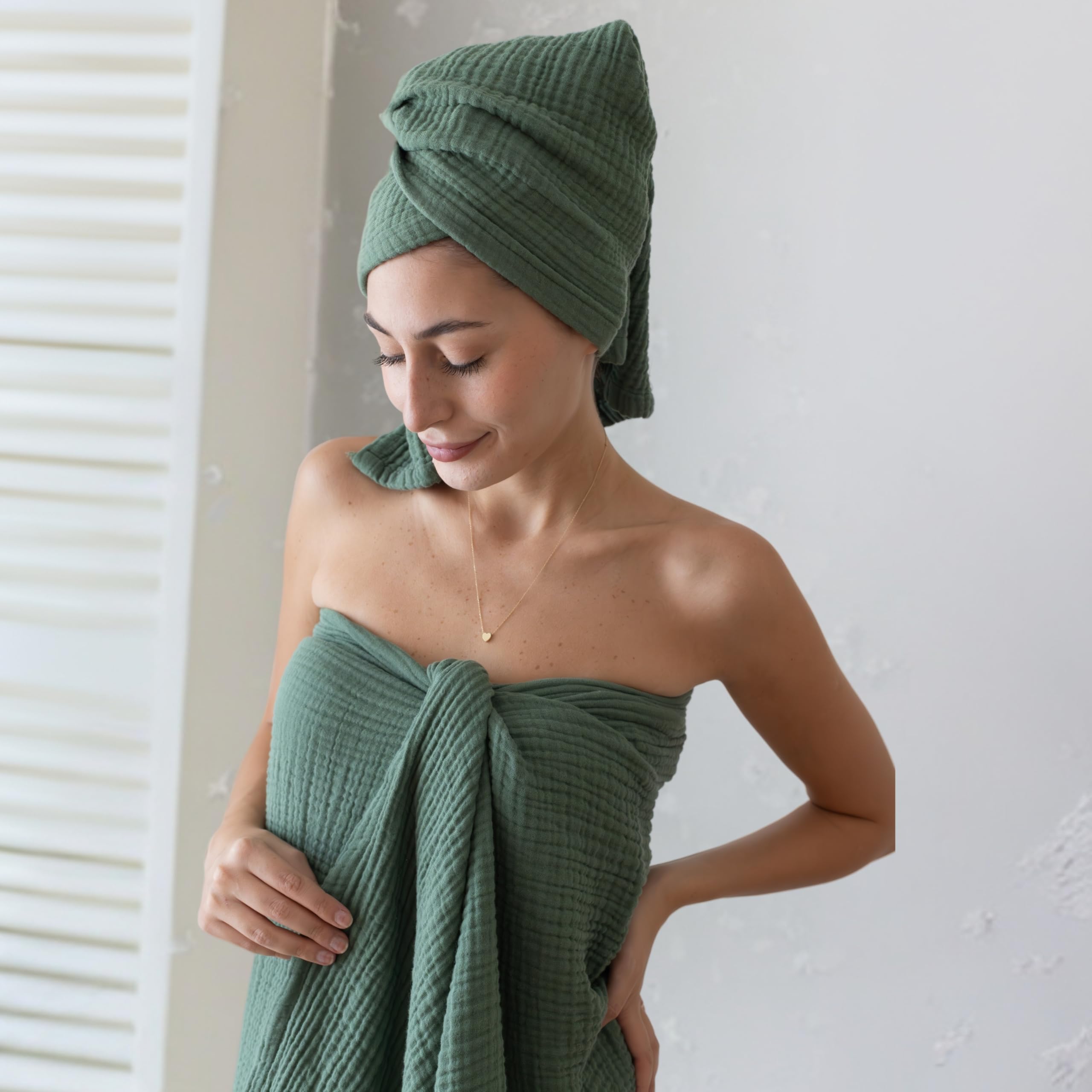 Ultraweiches Musselin-Handtuch-Set für Erwachsene, 100% türkische Baumwolle, 4-lagig, 2-teilig, luxuriöses Musselin-Hand- und Badetuch-Set für Badezimmer (Grün, 1 Bad & 1 Handtuch-Set)