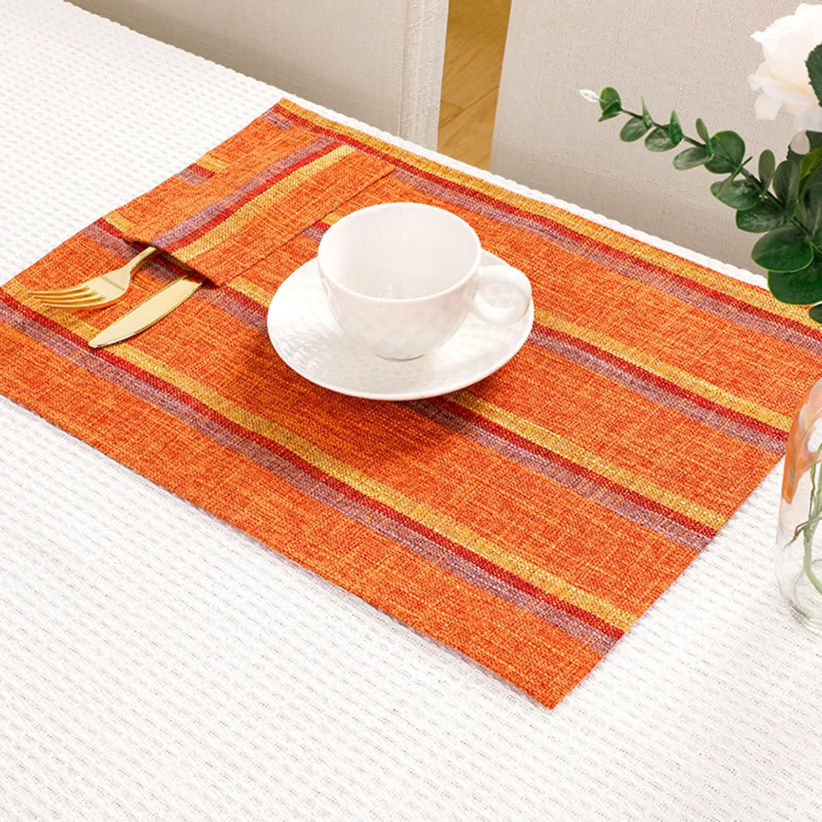 8 Stück Platzsets Abwaschbar Modern, 32 x 45 cm Platzset Waschbar Polyester Rechteck Orange, Rechteck mit Streifen