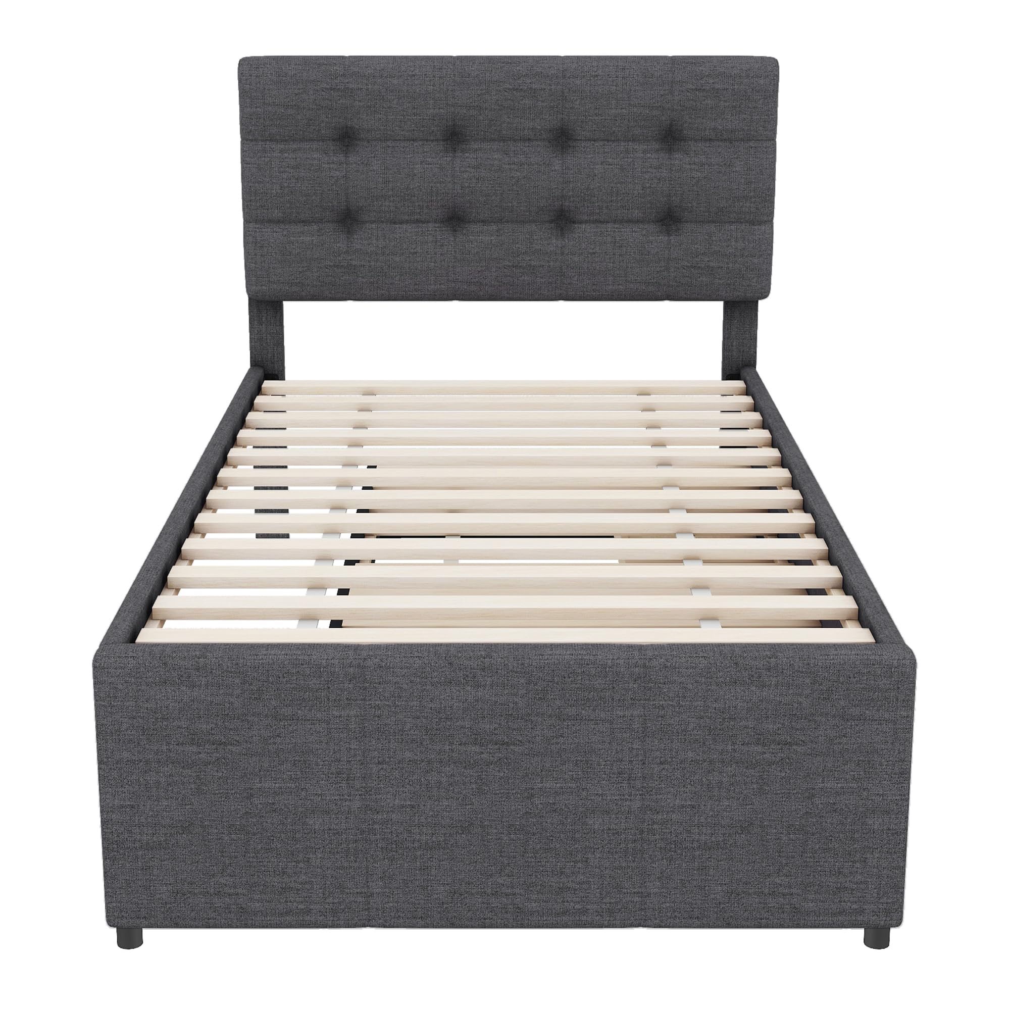 Letto imbottito 90 x 200 cm, letto singolo con 3 cassetti, telaio letto con letto estraibile 90 x 190 cm, testiera regolabile, letto familiare, lino, senza materasso (grigio, 90 x 200 cm)