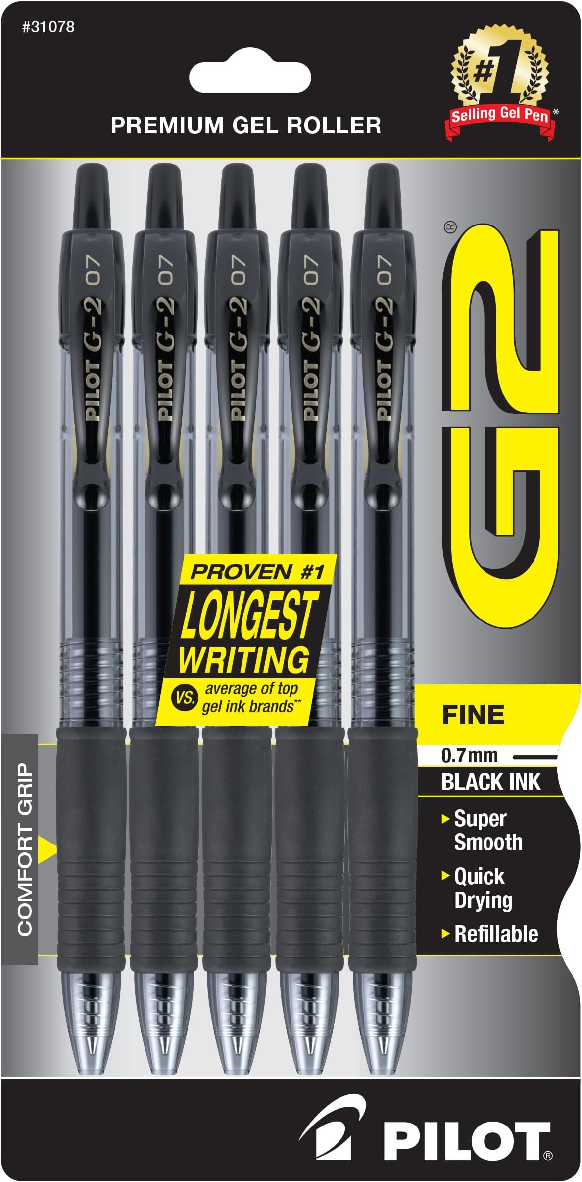 PILOT, G2 Premium Gel Roller Pens, Fine Point 0.7 mm, Black, Pack of 5