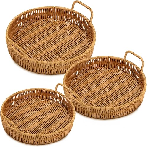 Miniatura 8 de Bandeja de servir tejida de 3 piezas con asas cesta redonda para servir pan bandeja de mimbre de polietileno bandeja de frutas decorativa de ratán