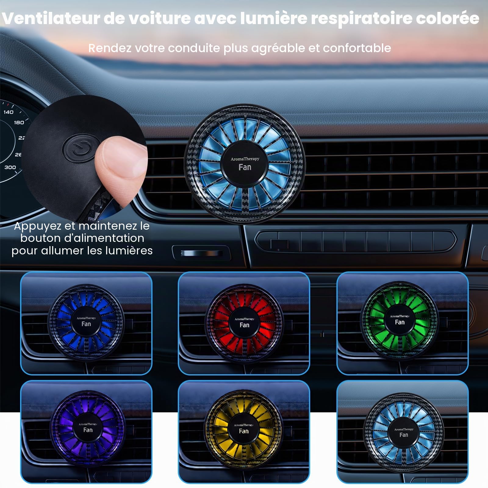 Ventilateur de Voiture USB avec Lumière RGB & 3 Disques de Coton Parfumés, Ventilateur Voiture avec 3 Vitesses, Ventilateur d'air de refroidissement de voiture portable pour camion van SUV