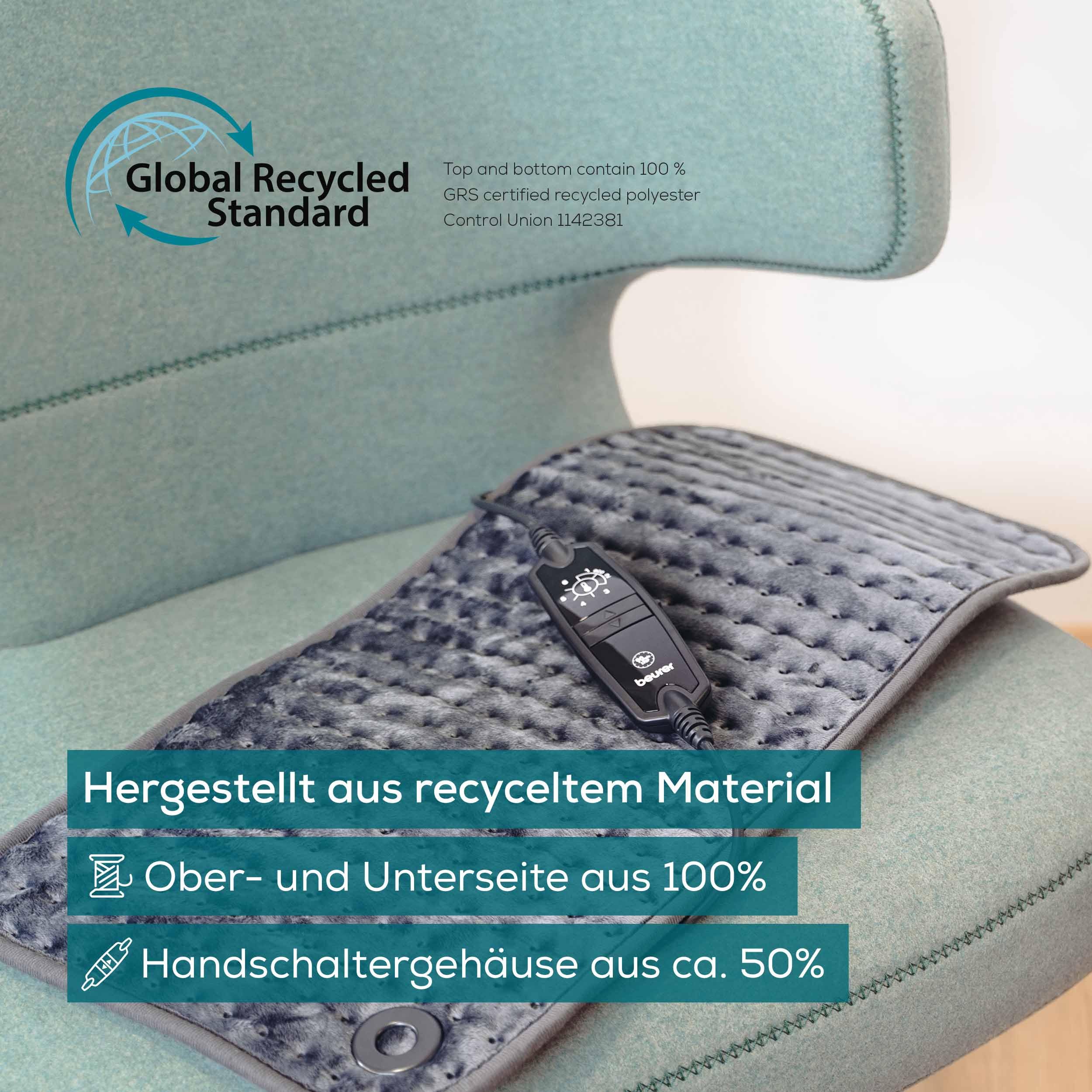 Beurer HK 123 Heizkissen, Made in Europe, Ober- und Unterseite aus 100% recyceltem Material, kuschelig weich, 60 x 30 cm, 6 Temperaturstufen und Abschaltautomatik, maschinenwaschbar, grau