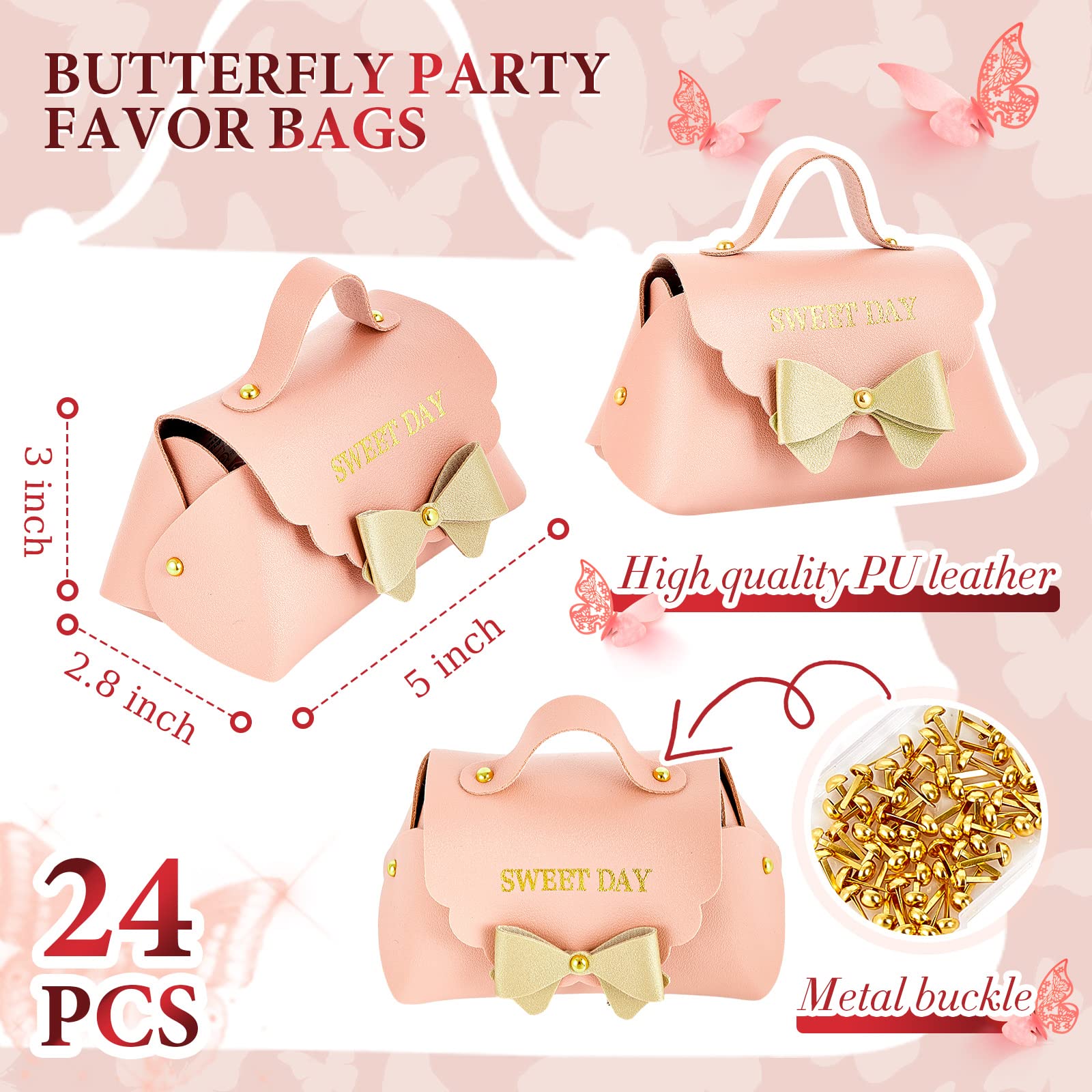 Dandat 24 Pcs Pink PU Leather Bowknot Gift Boxes 5x3 Inch Reusable Candy Gift Favor Boxes with Bow Mini Bowknot Handbag Purse Gift Bags with Handles for Wedding Baby Shower Birthday Party Favor Bag