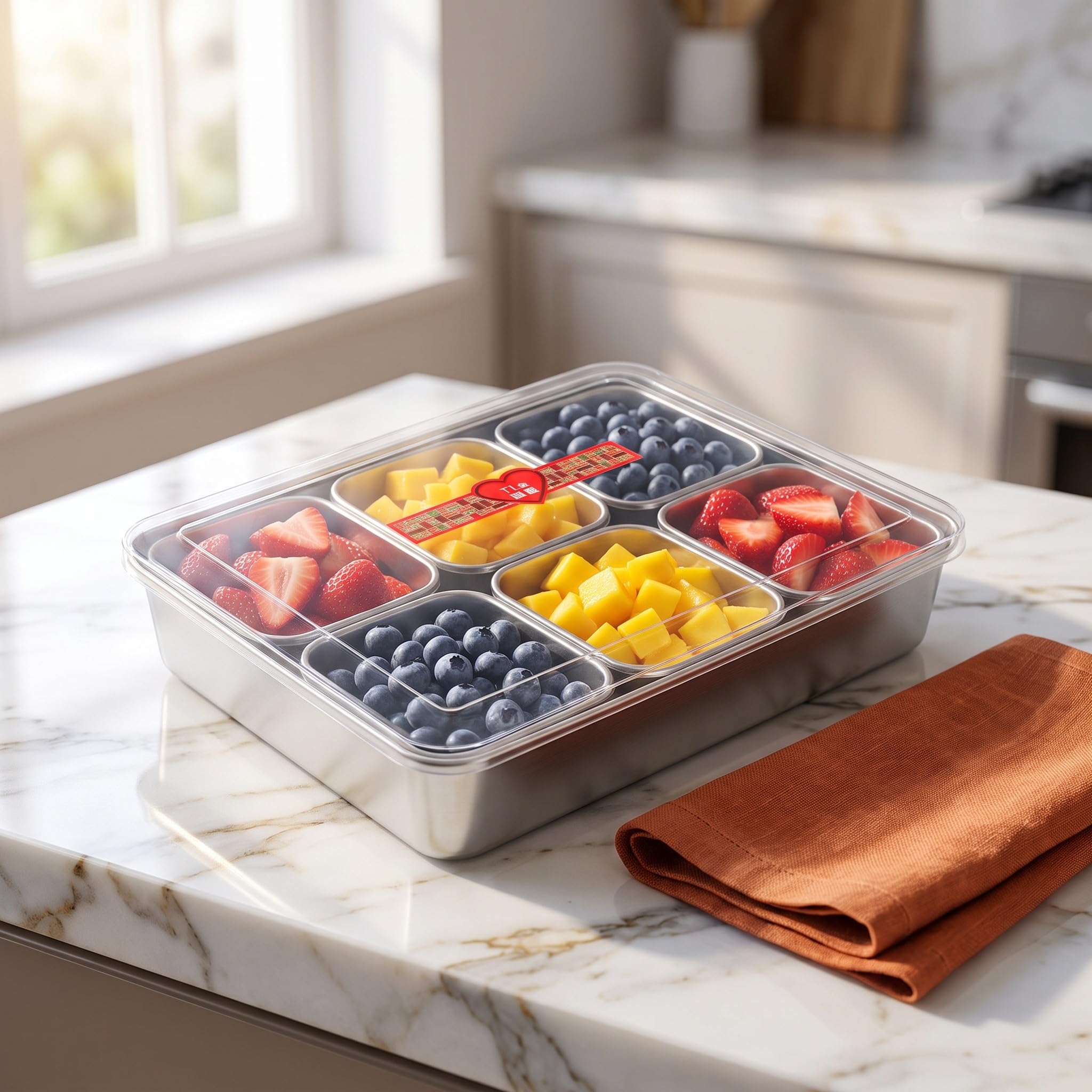 OUNONA 1 Set Snackbox mit 6 Fächern: Gewürzbehälter aus Edelstahl mit Deckel und 6 Löffeln für Obstgerichte und gekühlte Garnituren, 34 x 30,5 x 8,1 cm