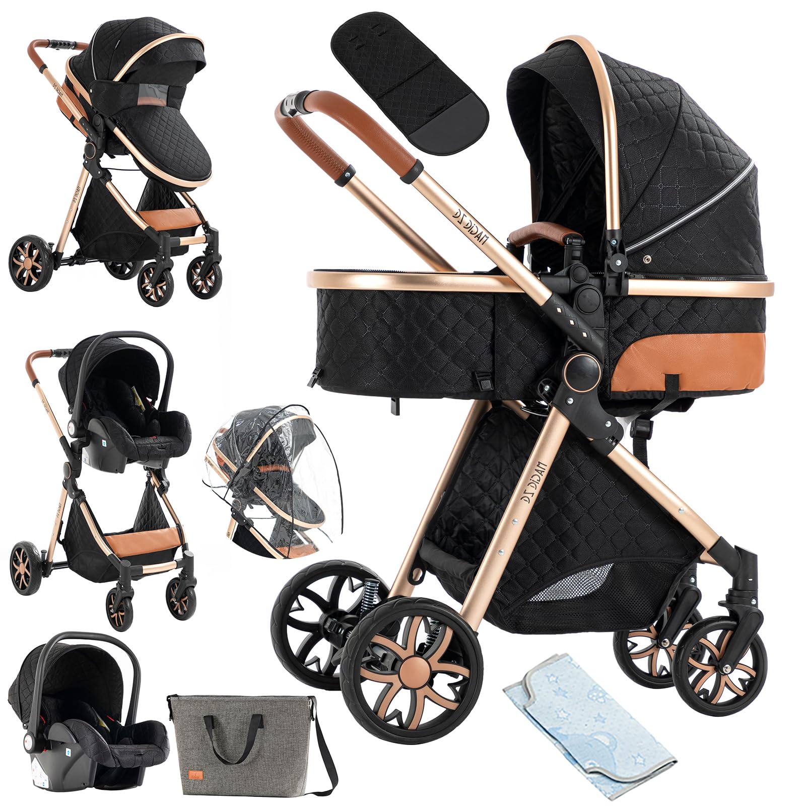 NADDLILY Passeggino Trio, Passeggino 3 in 1 con Spinta Reversibile a Due Vie, Trio Passeggino Neonati con Accessori, Carrozzina per Neonati con Design Portatile Pieghevole Un Clic (V9 Black)