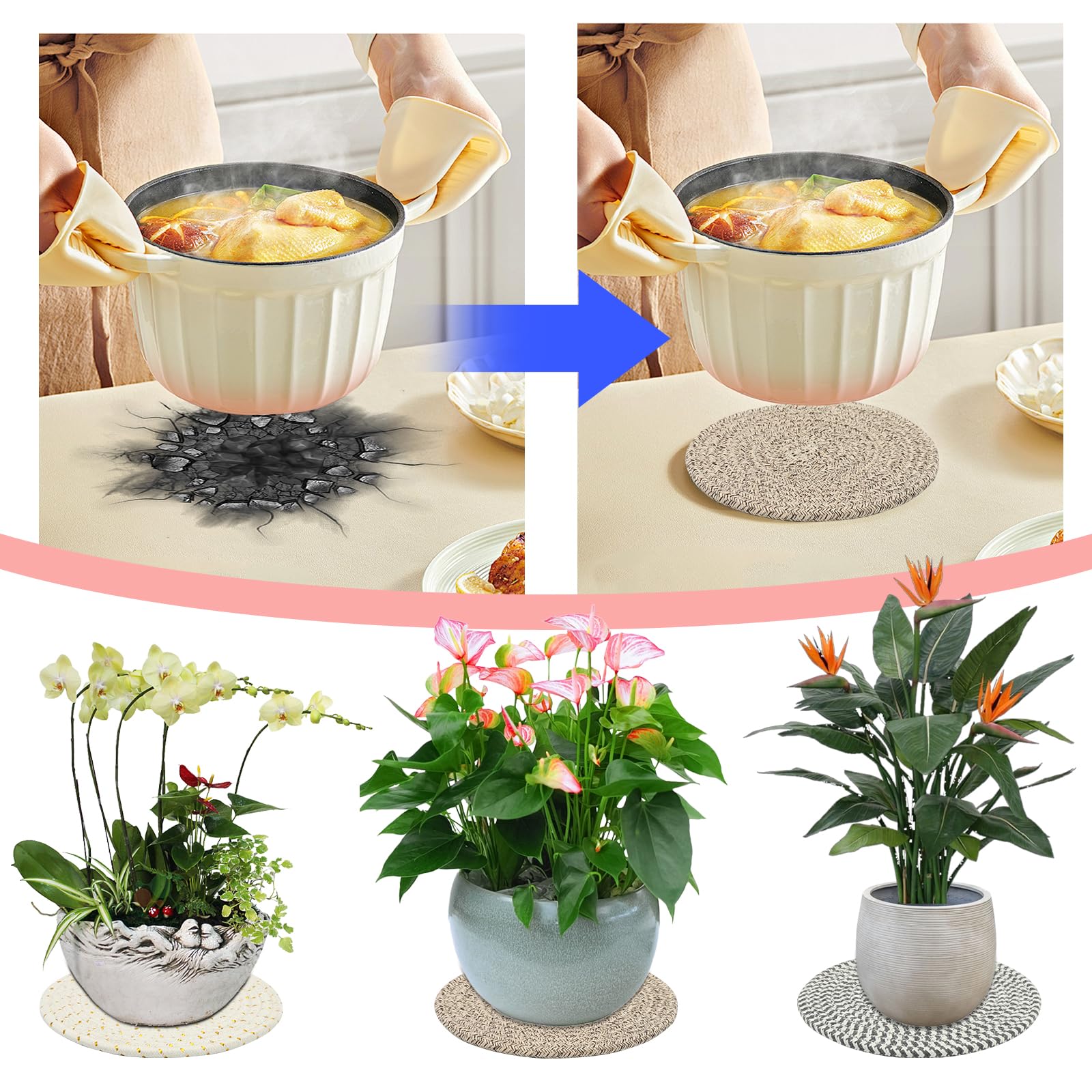 6 salvamanteles para ollas, salvamanteles de algodón, 20 cm, aislados, redondos, trenzados, para cocinar en cocina, cuencos, ollas, sartenes y platos (6 colores)