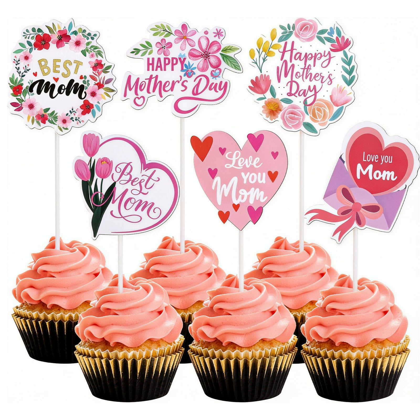 24 Pack Happy Mother's Day Cupcake Toppers Flower Love You Mom Cake Picks Best Mom Decorations for Cupcakes Cakes Cookies Ice Cream Birthday Party Supplies Festive Mother’s Day Party Decorations