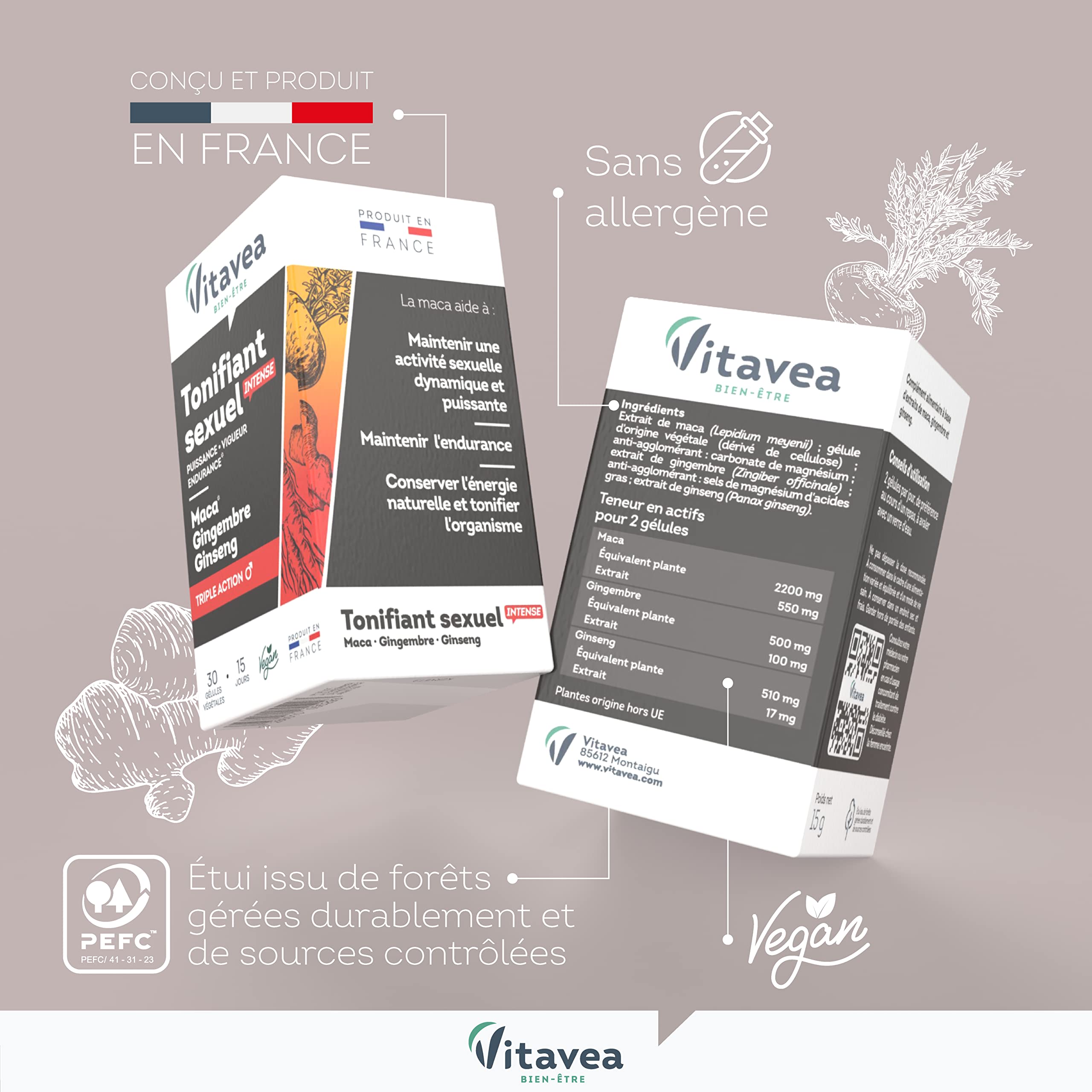 Tonifiant Sexuel Intense Vitavea - Gélules Au Gingembre, Maca Et Ginseng, Neuf Fabriqué En France