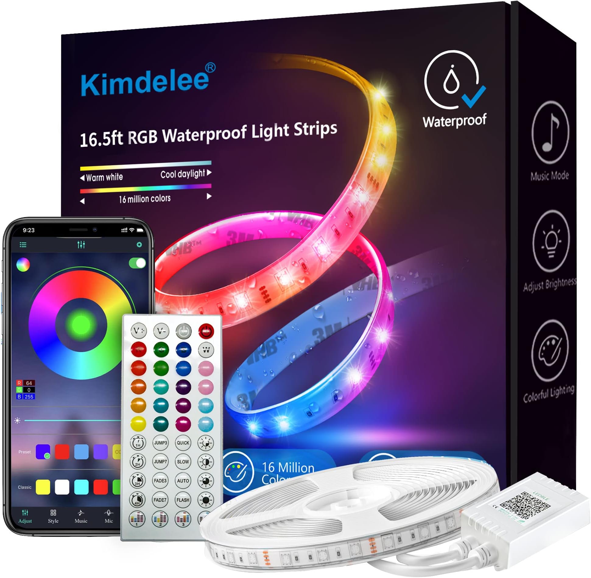 16.5ft Waterproof Led Light Strips, 12v RGB Outdoor Led Strip Lights Waterproof Color Changing with Bluetooth Music Sync App Remote, Christmas Decor Lights Outdoor Rope Lights
