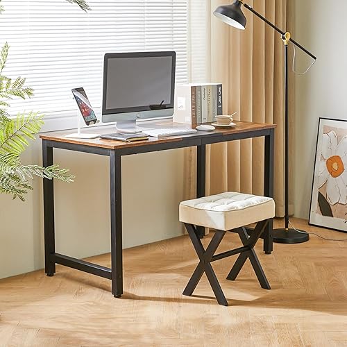 Miniatura 10 de IBUYKE - Taburete de maquillaje cuadrado con reposapiés de patas en X, reposapiés de lino, asiento otomano, multiusos como pequeña mesa auxiliar,