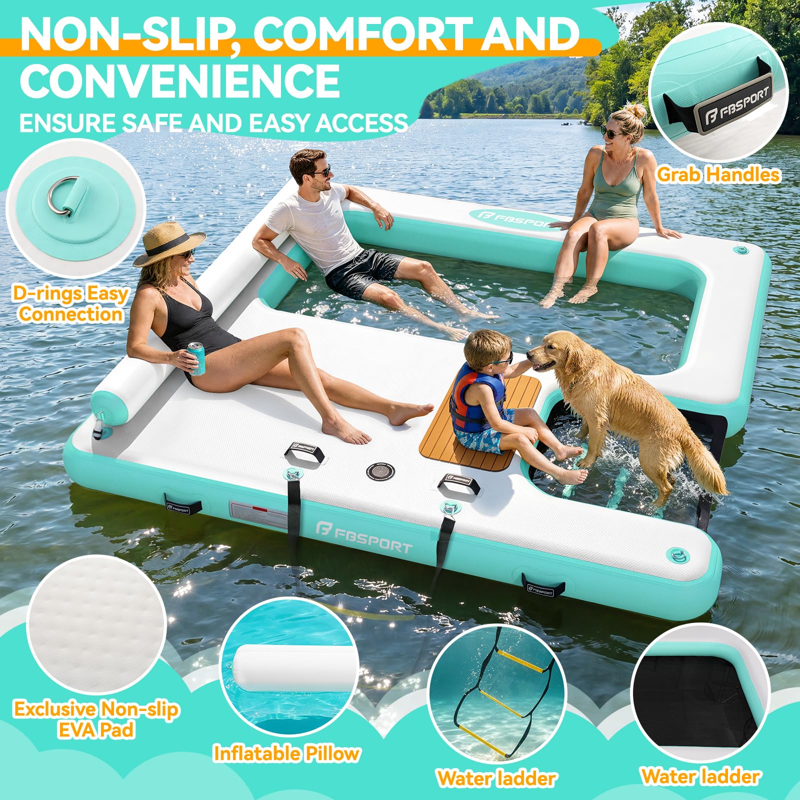 Aufblasbarer Schwimmsteg, Große aufblasbare Schwimmplattform, aufblasbare Insel | 240×240cm hundefreundliche Schwimmplattform mit Hunderampe und Kopfstütze, Wasserfloß für Pool, See, Strand und Ozean