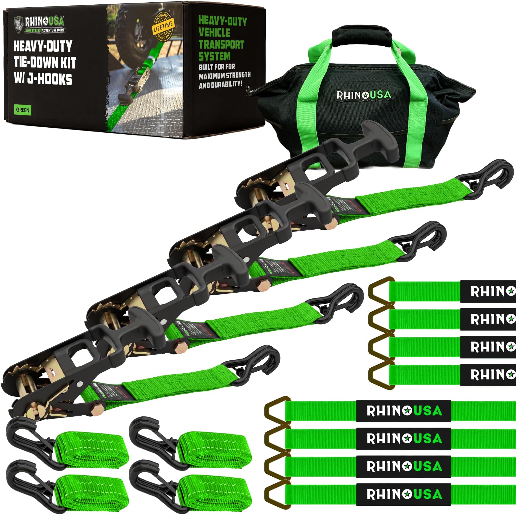 Rhino USA Car Hauler Tie Down Straps (4-Pack) - 2inx8ft with J Hooks | 10,000lb Break Strength Car Hauler Straps with Axle Strap Set for UTV & Powersports. Heavy Duty T-Handle, No-Slip Grip. Green