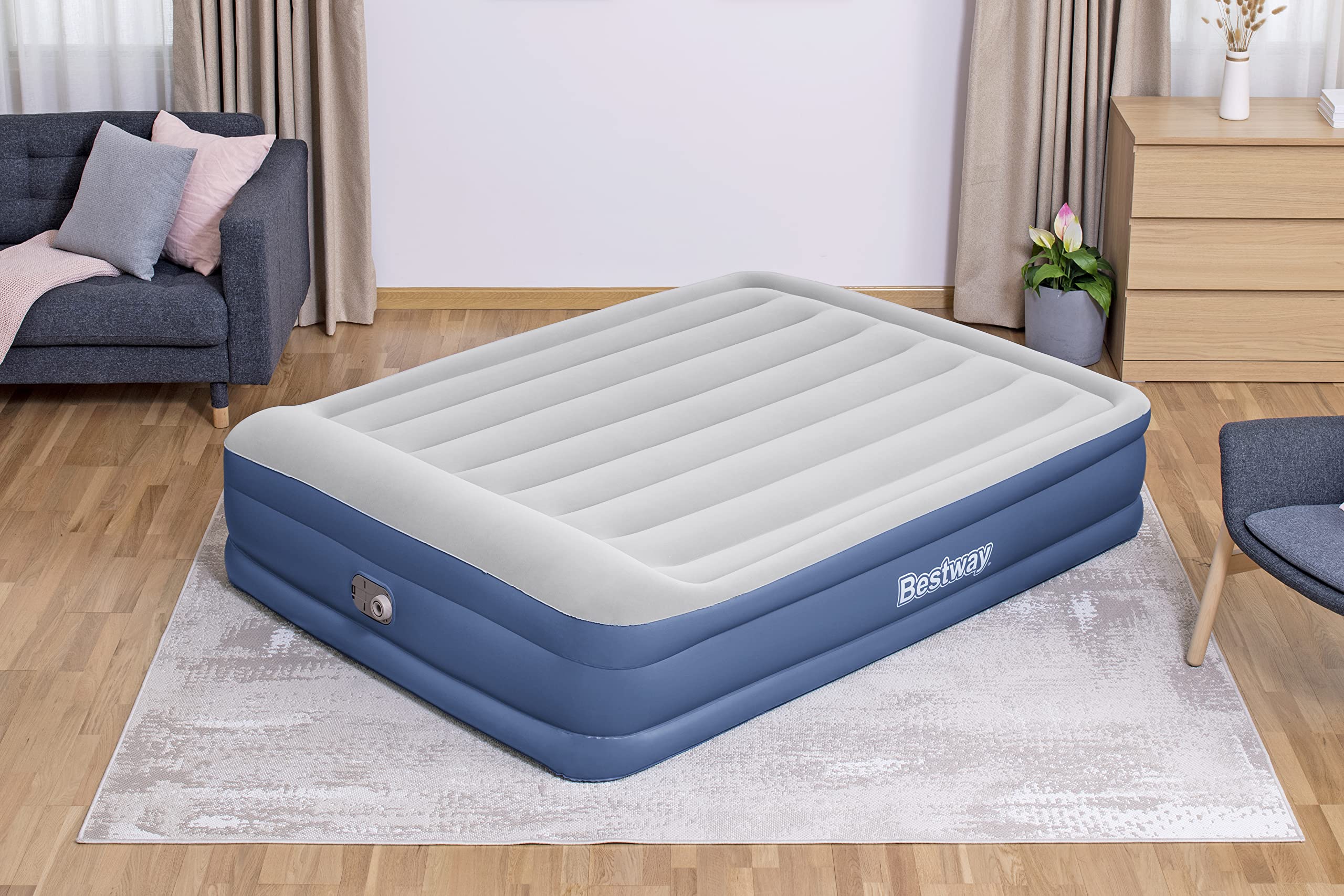 Bestway 67630 Airbed Tritech Essential 3 Camere Bicolor Azzurro/Grigio Matrimoniale Floccato, Cm. 203X152X46