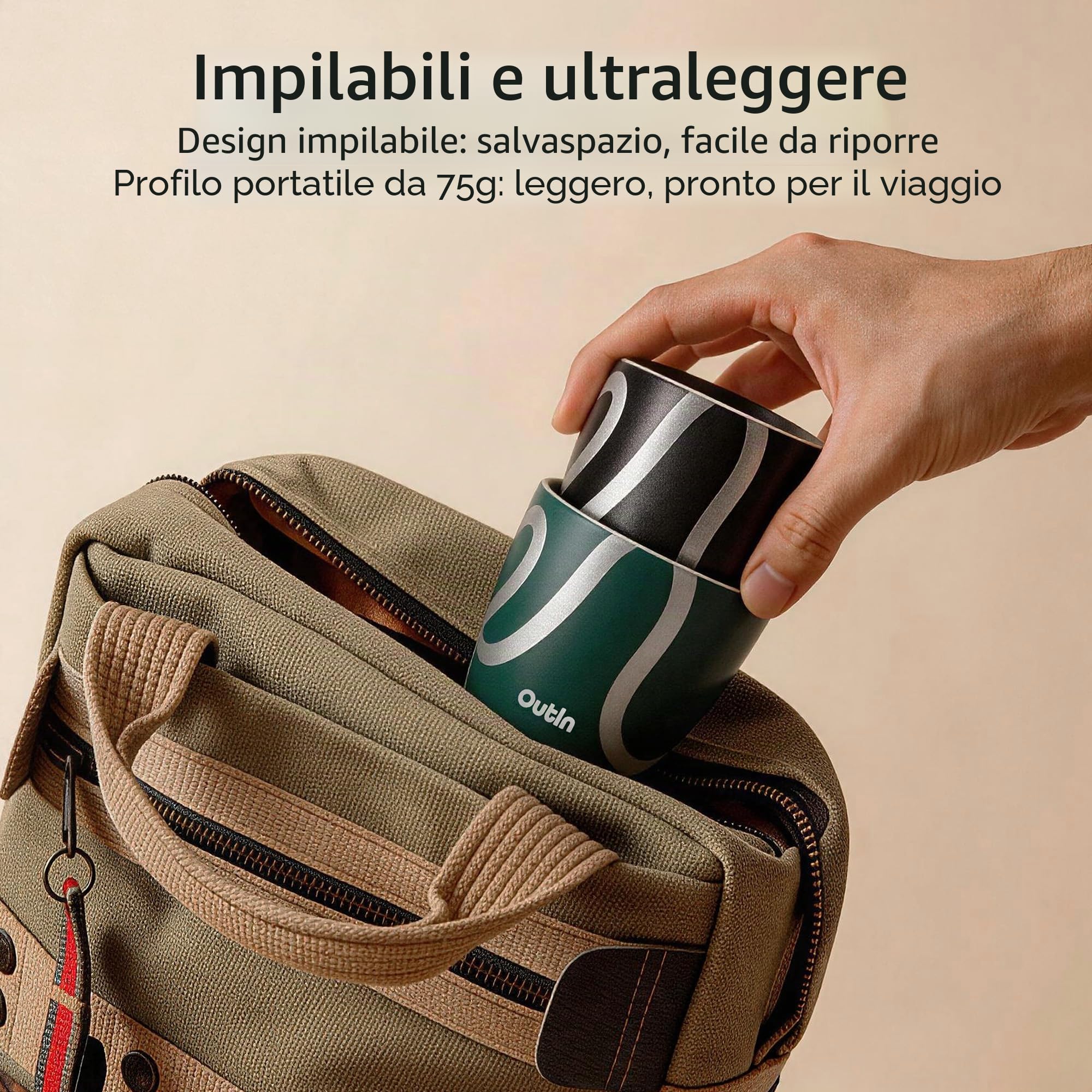 OutIn Set di 2 Tazze da Espresso, Doppia Parete Isolante 75ml in Acciaio Inossidabile, Bicchierini da Shot Portatili per Campeggio, Compatibili con le Macchine da Caffè OutIn