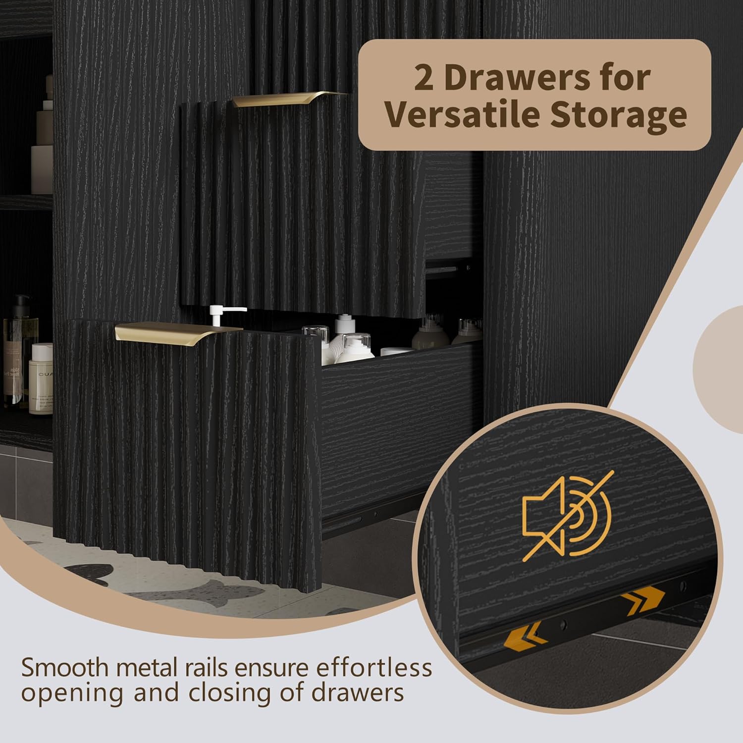 36 Inch Bathroom Vanity with Sink,Floating Bathroom Vanity Cabinet with 2 Doors 2 Drawers,Mid-Century Modern Fluted Storage Cabinet with Sink Combo Set,Black