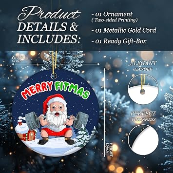 Merry Fitmas Santa Weightlifting Christmas Ornament Ceramic – Funny Fitness Gym Holiday Tree Decoration Gift for Men Women - Gift for Family, Friend
